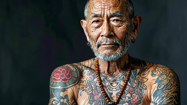 An elderly man with intricate tattoos stares intently at the camera, his face displaying a lifetime of experiences