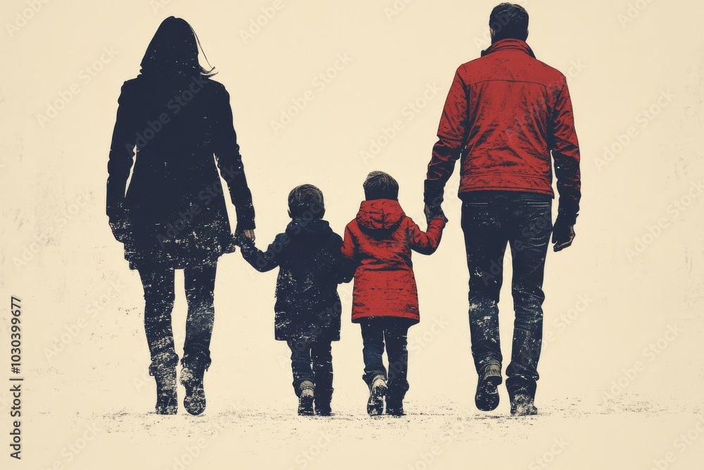 Poster silhouette family of three walking on a foggy day symbolizing unity protection and togetherness in a