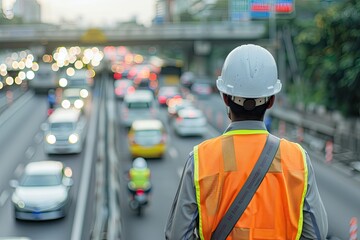 Over the shoulder shot of an engineer wearing a high vis vest and white helmet standing on a highway looking at busy traffic in Bangkok, Thailand