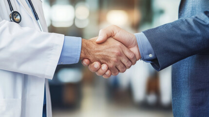 A handshake between a doctor in a white coat and a business executive in a suit, symbolizing the partnership between healthcare providers and business leaders.