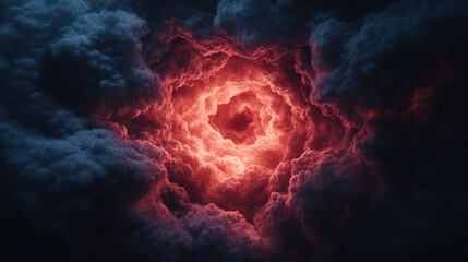 A dramatic swirl of dark clouds illuminated by vibrant red and orange hues, creating a mesmerizing stormy sky effect