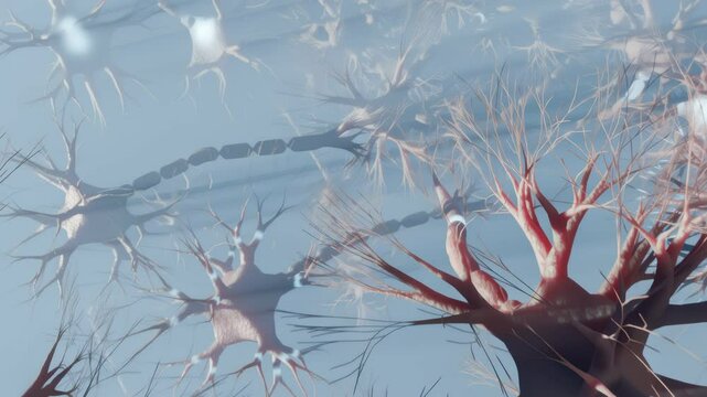 Neuron cells with synapses in human brain firing signals. Looping animation.