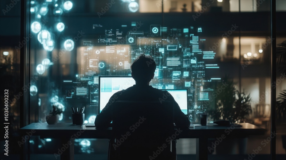 Fototapete a man working on a computer in an office at night, with a futuristic interface projected onto the wi
