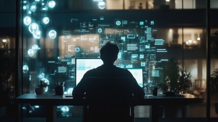 A man working on a computer in an office at night, with a futuristic interface projected onto the window.