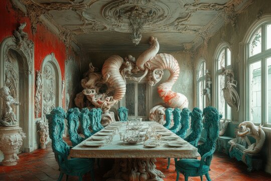surreal dining experience, in a surreal setting, a never-ending table is encircled by chairs that morph into different creatures as you take a seat