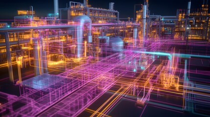 Fototapeta premium Resource Allocation – A 3D virtual model of a massive industrial plant with resource nodes highlighted, showing real-time resource management and allocation by advanced algorithms, with energy flows r