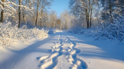 Obraz premium A snow-covered landscape with deep footprints winding through fresh snow, creating a serene winter scene with blue shadows and bare tree branches in crisp detail.