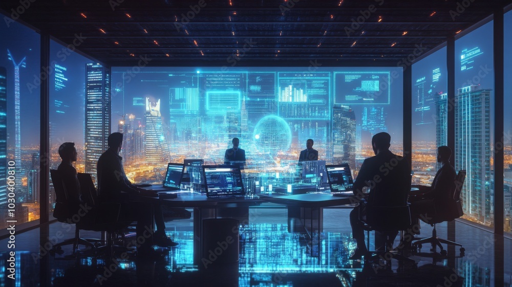 Poster A group of professionals is deeply engaged in data analysis, surrounded by digital screens displaying information