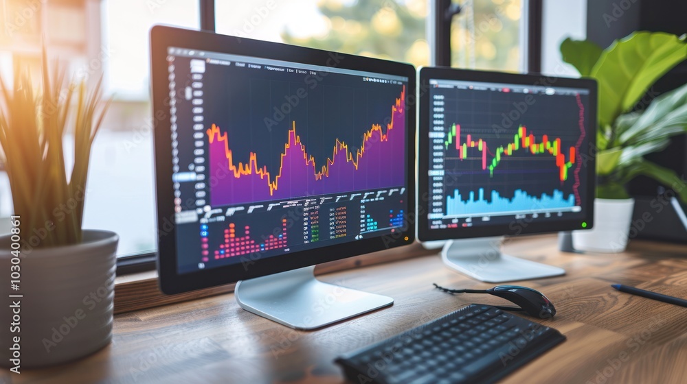 Poster stock market data displayed on two computer monitors