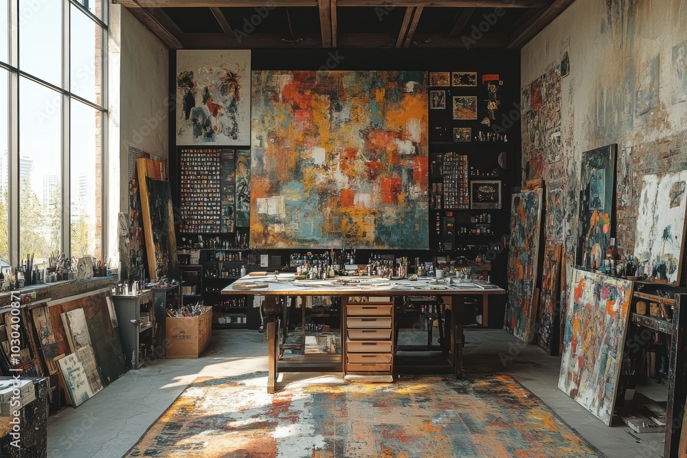 Poster artistic studio decor, a studio with textured walls displaying abstract patterns to inspire a creati