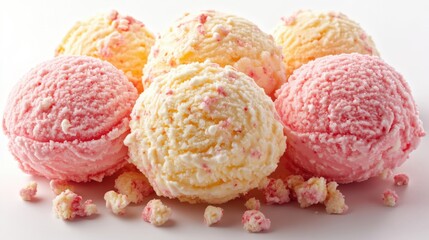 A colorful assortment of ice cream scoops in pink, yellow, and white hues.