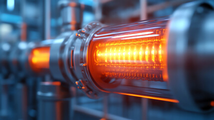 Close-up of a glowing heater element in a modern industrial setting, showcasing the intricate details of the metal and light effects.