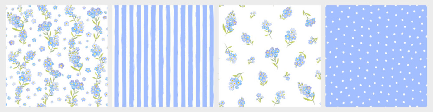 Fototapeta Vector illustration. Set of 4 Seamless patterns in blue tones, forget-me-not flowers, dots, hearts. Flowers, summer, vacation, fabric design, wrapping paper