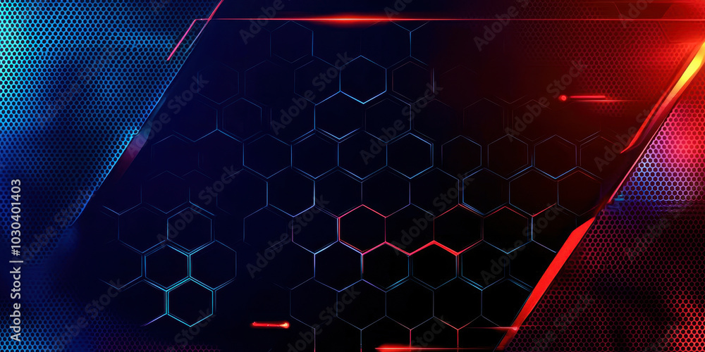 Poster A blue and red background with a pattern of hexagons