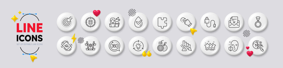 Rotation gesture, Orange juice and Face protection line icons. White buttons 3d icons. Pack of 360 degrees, Idea, Cleaning icon. Reject letter, Charging cable, Teamwork pictogram. Vector