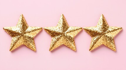 Obraz premium three gold stars on a pale pink background, perfect for ratings and reviews. Ideal for showcasing evaluations with ample space for text input.