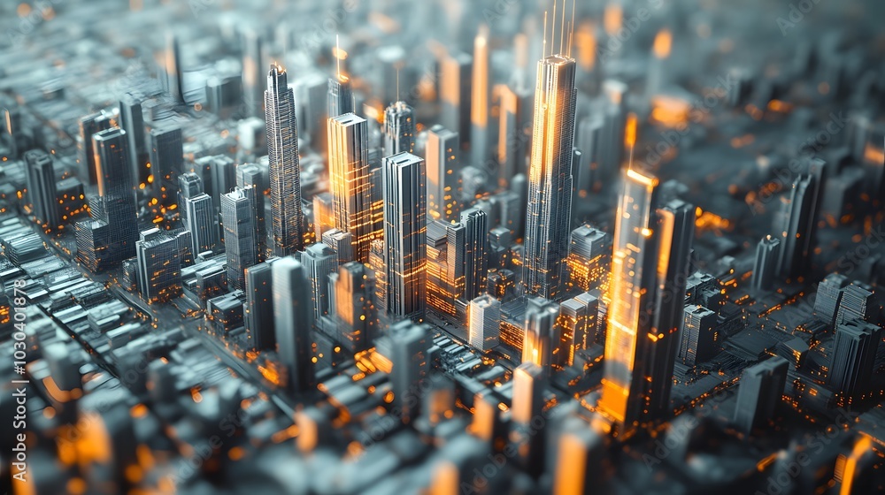 Poster 3d data visualization – a massive 3d city data map with skyscrapers and industrial zones, where vast