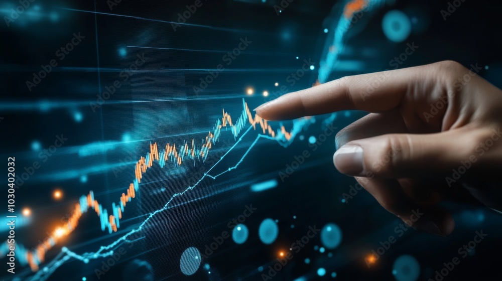 Poster finger pointing at digital financial graph display