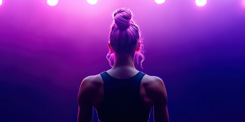 Naklejka premium A woman with purple hair stands in front of a purple background