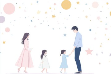Father and daughter walking in a starry pastel colored sky symbolizing family love care and connection in a soft dreamlike setting full of gentle light and warmth