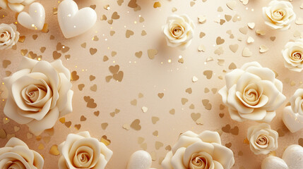 Celebrate love on Valentine's Day with a stunning white rose flower surrounded by shimmering gold confetti on a soft beige background.