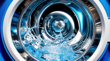 A blue and white washing machine with water splashing out of it