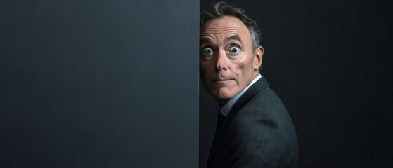 A man peeks around a corner with a surprised expression in a dim room