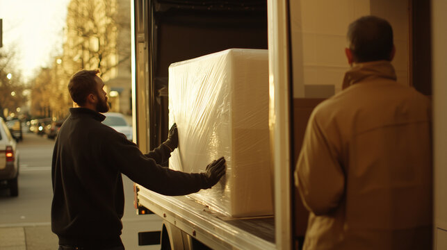 Movers wrapping a flat-screen TV in protective blankets before placing it inside the truck photo