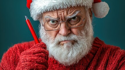 Santa Claus Checking Naughty-and-Nice List with Red Pen, Expressing Displeasure