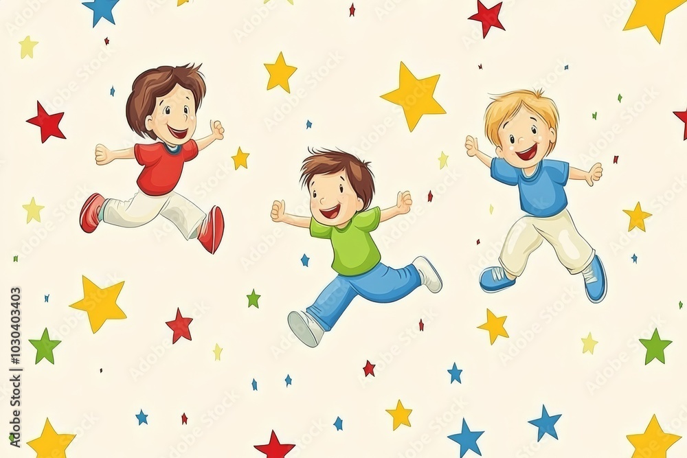 Poster playful pattern of children jumping and playing with stars symbolizing joy energy and imagination in