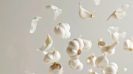 Photo of Falling garlic on a white background, high resolution photography in the style of unknown artist.