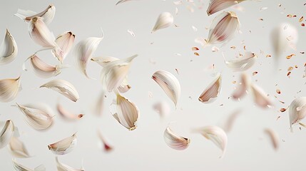 Photo of Falling garlic on a white background, high resolution photography in the style of unknown artist.