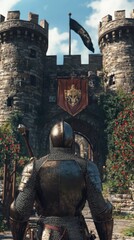 Fototapeta premium Knight in Shining Armor Before Castle Gate