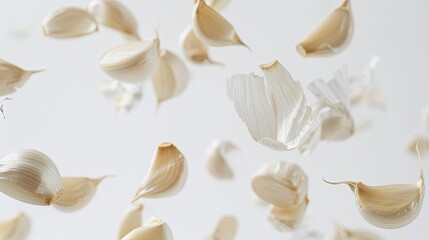 Photo of Falling garlic on a white background, high resolution photography in the style of unknown artist.