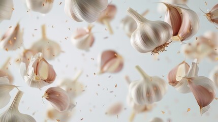 Photo of Falling garlic on a white background, high resolution photography in the style of unknown artist.