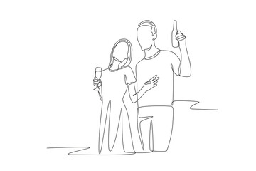 Two friends drinking while hanging out. Drinks outdoor concept one-line drawing