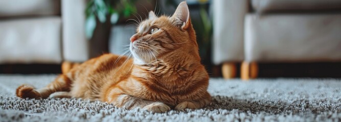 Photo of ginger cat sitting on the carpet in the living room, in the style of copy space concept