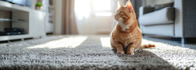 Photo of ginger cat sitting on the carpet in the living room, in the style of copy space concept