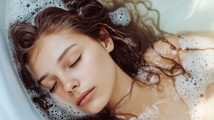 Relaxing in a bubble bath, a young woman enjoys tranquility at home