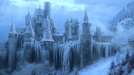 Obraz premium Winter Castle in a Dramatic Snowy Landscape
