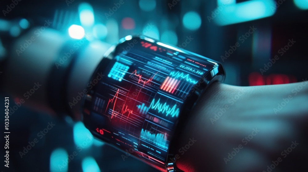 Poster close-up of a futuristic smartwatch on a wrist, displaying data and information with vibrant blue an