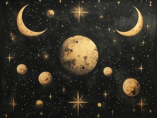 Naklejka premium a mesmerizing drawing showcases golden stars, moons, and planets intricately illustrated on a black background, evoking a mystical and magical theme perfect for tarot cards and fantasy art