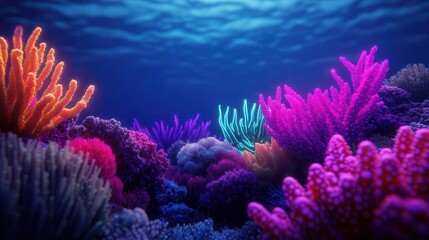 A surreal underwater scene with glowing, multicolored coral and neon fish, visualizing an imaginative ocean world