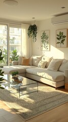 Fototapeta premium Bright and airy modern living room with natural light, featuring a cozy cream-colored sectional sofa, green plants, minimalist decor, glass coffee table, and soft neutral tones creating a peaceful amb