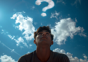 A thought-provoking image of a young man looking up at the sky where a question mark is formed from clouds, symbolizing curiosity, uncertainty, and contemplation, perfect for introspective or conceptu
