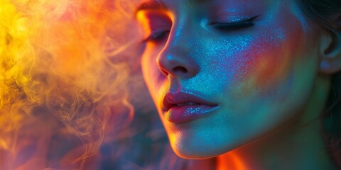 A close-up portrait of a woman with colorful lighting, featuring artistic glow.