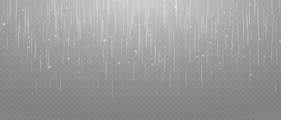 White and gold vertical lines of light glow on a transparent background. Garlands hang vertically, falling in a shower of confetti-like lights, bokeh and sparkles.