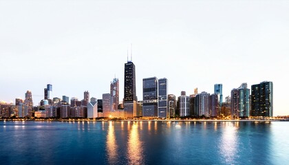 Fototapeta premium Chicago skyline at night showcasing illuminated buildings, with a white background. Concept of urban nightscape and city lights