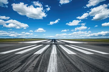 photorealistic photo of an airport runway with white stripes, clear blue sky and clouds in the background, wide angle view