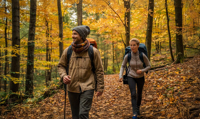 Fototapeta premium Group of backpackers hiking in the forest in the fall